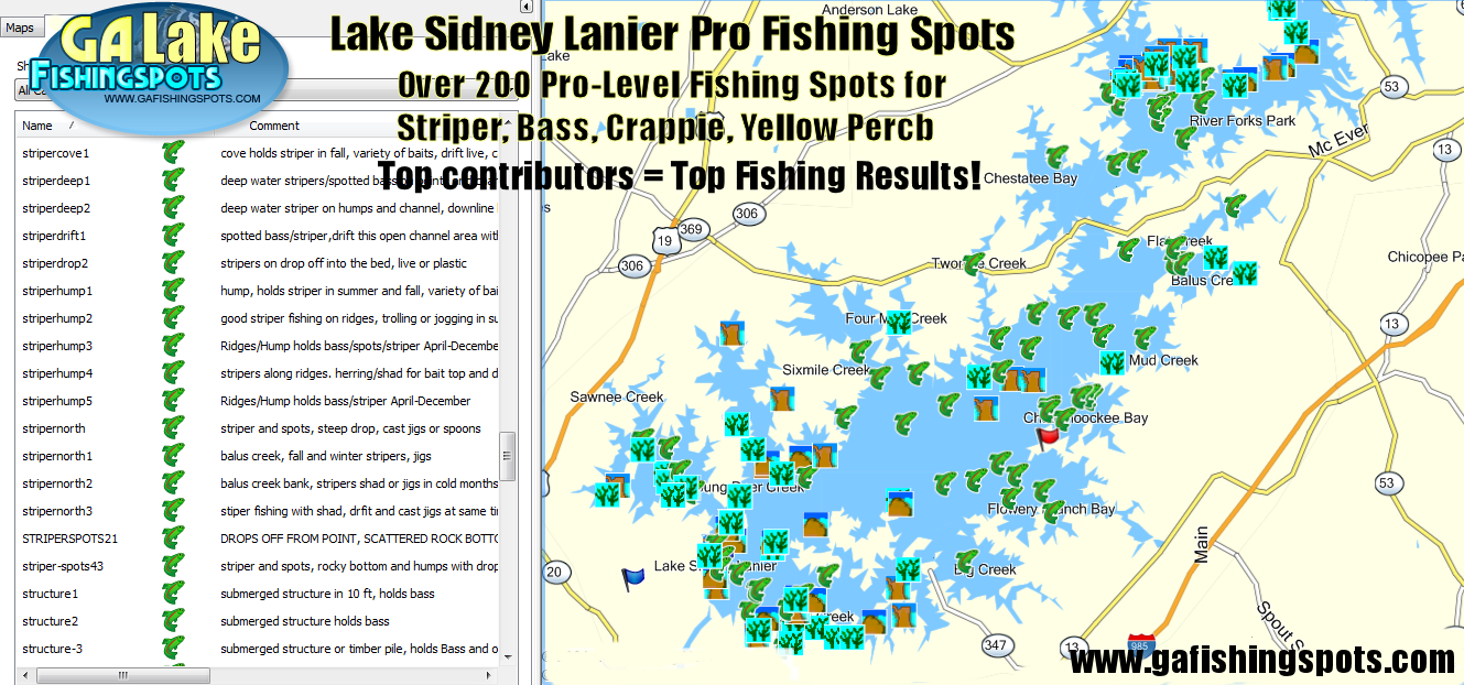 Lake Lanier Fishing Map, Fishing Spots for Bass, Striper, Crappie