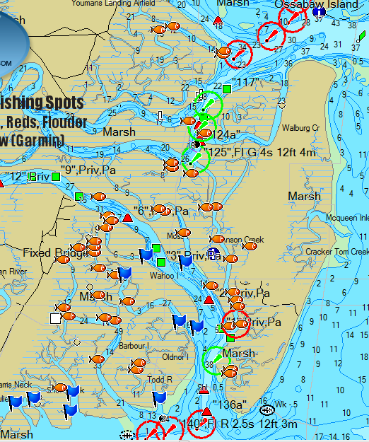 Inshore GPS Fishing Spots at St. Catherines Island Georgia