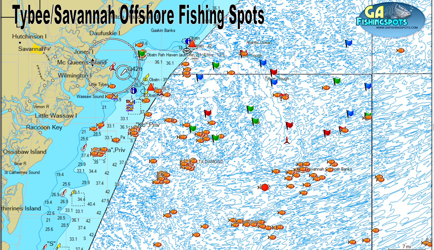 Tybee Savannah Offshore Fishing Spots [includes Savannah Snapper Banks  spots]